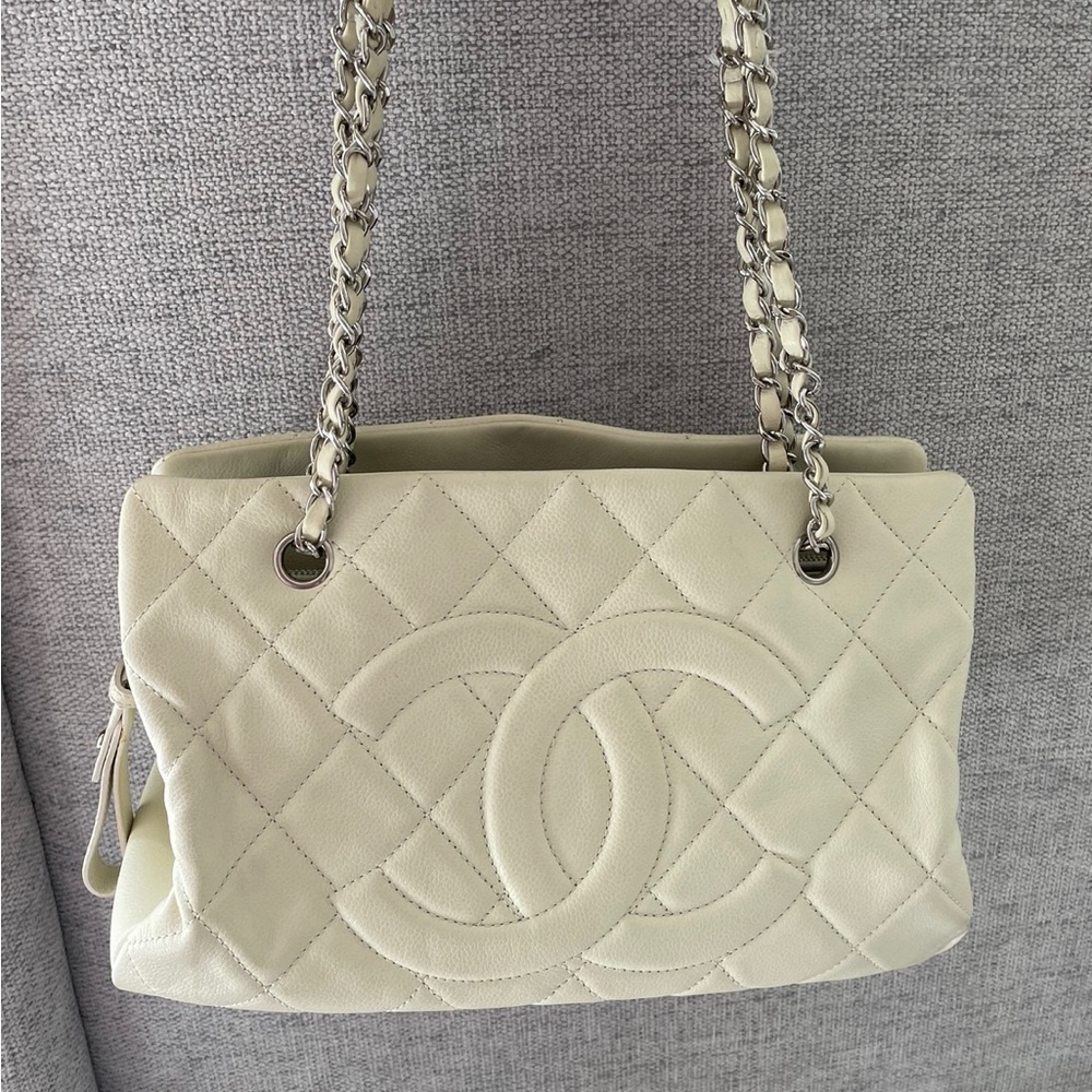 *SOLD* 
CHANEL Off White Quilted Caviar Leather,  Timeless “Large Tote Bag”